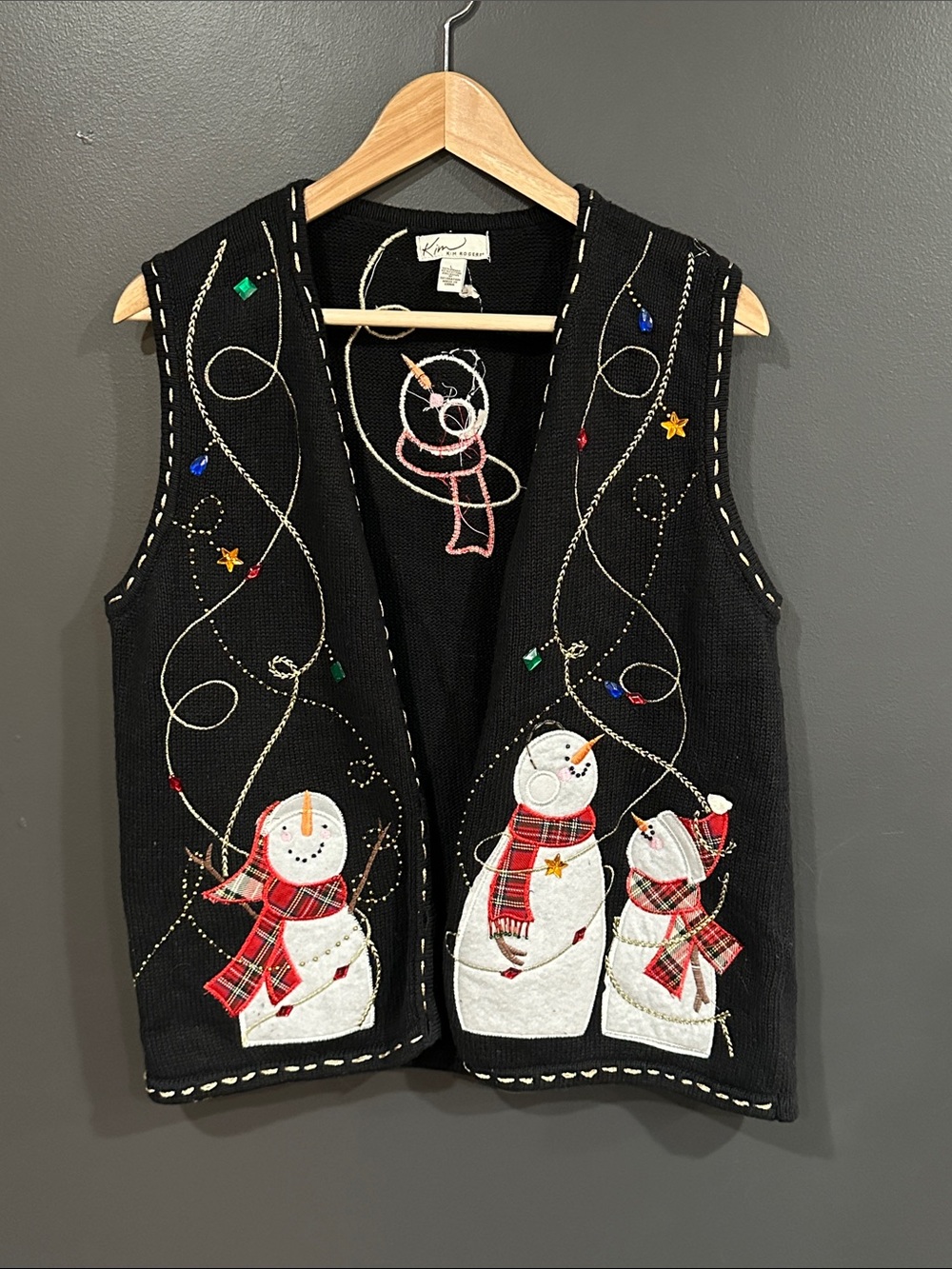 Karen Scott Black Holiday Snowmen Knit Vest with Red Plaid Scarves